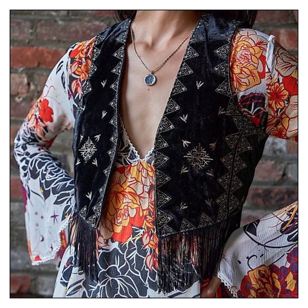 Free People Ella Rocker Black Velvet Fringed Vest